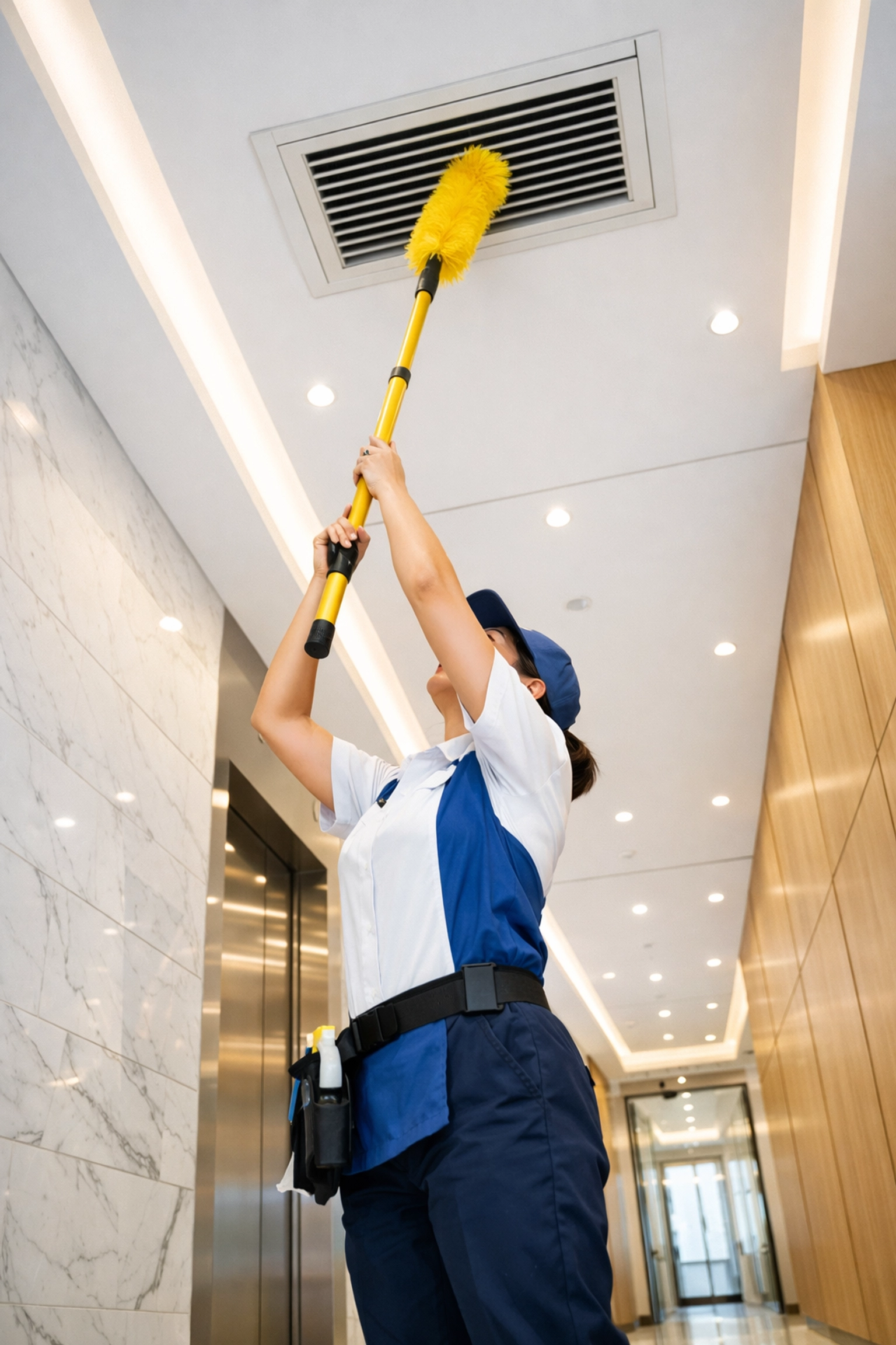 Professional dusting of high-up air vents in a Westborough office to improve indoor air quality and hygiene.