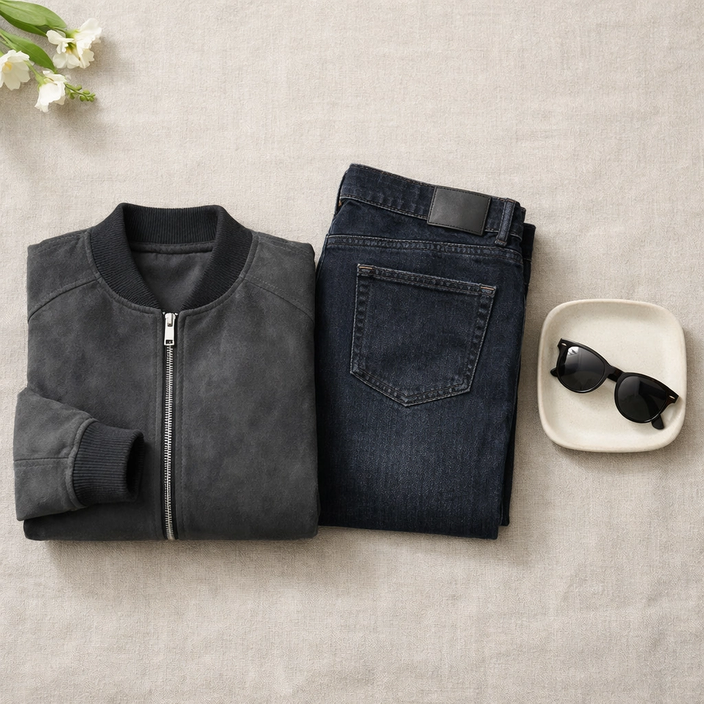 Curated spring wardrobe flat lay featuring a charcoal suede bomber jacket and stylish accessories.