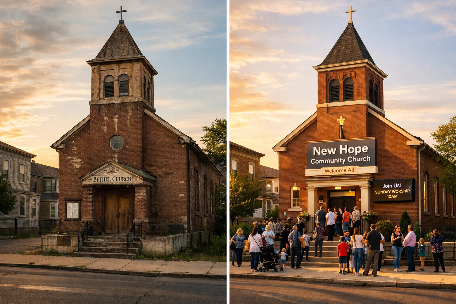 Two churches showing contrast between poor and strong community visibility strategies