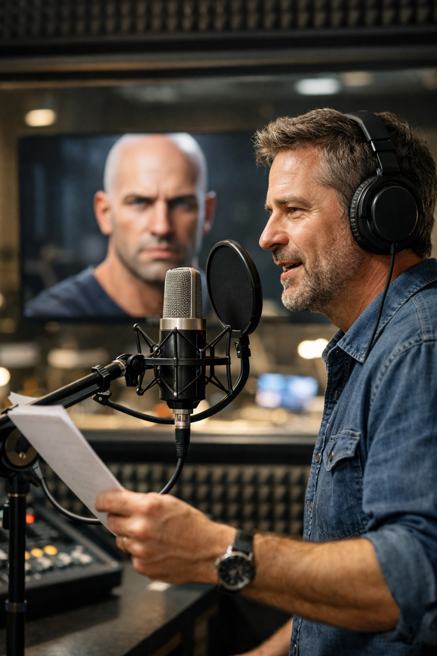 Professional voice actor recording audio for an AI-powered 3D gaming character in a studio.