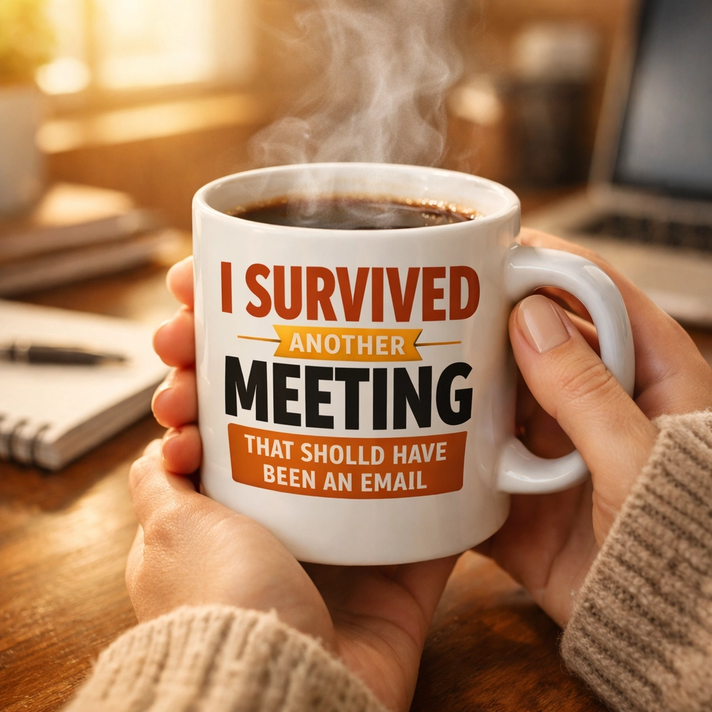 Hands holding funny mug with steam at office desk for morning tea break