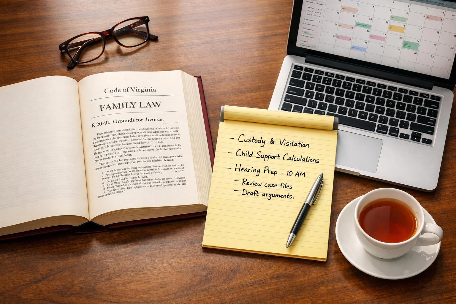 Virginia family law statute book and legal notes on custody lawyer's desk