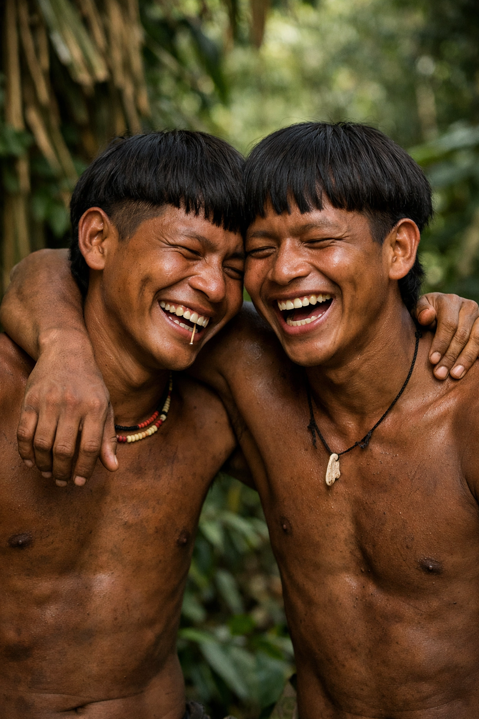 Two young Yanomami men embracing in friendship in Amazon rainforest showing natural same-sex affection