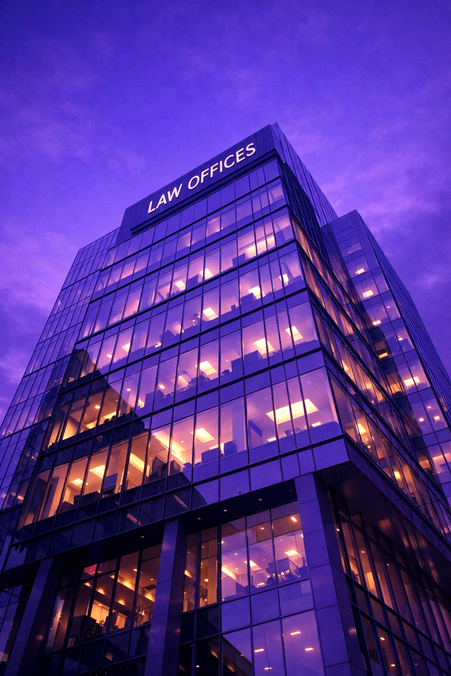 Modern law office building lit up at night representing 24/7 availability through AI.