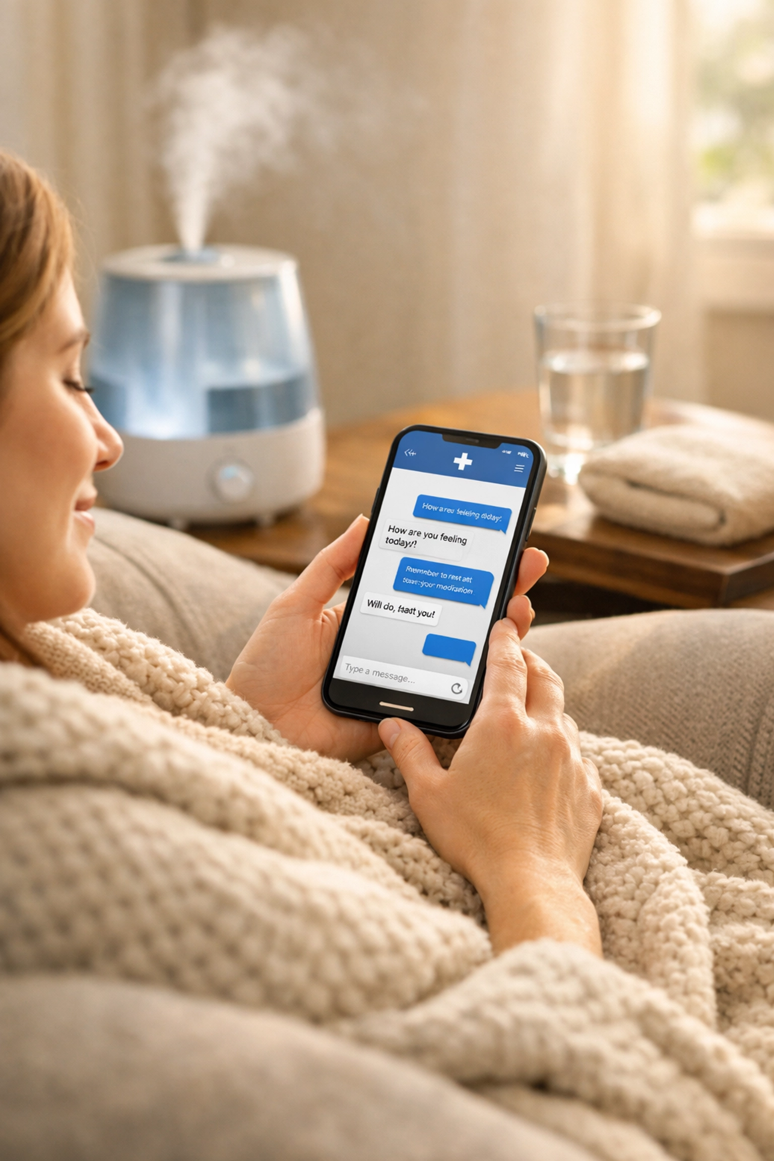 Patient getting sinus infection relief through secure medical chat while resting at home with a humidifier.