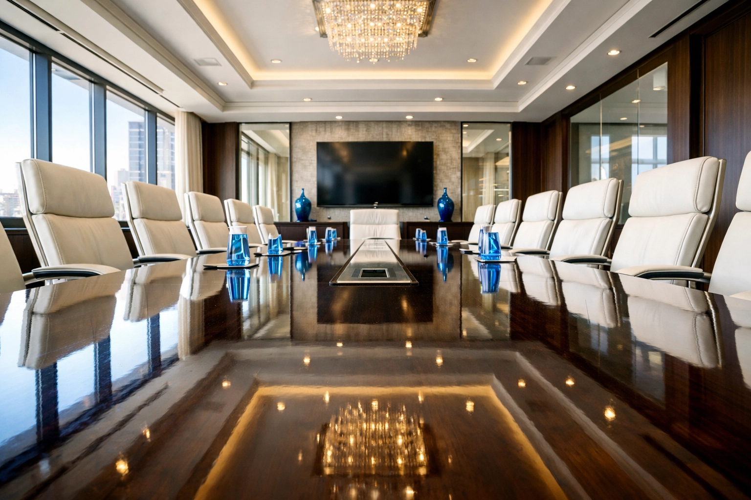 A polished corporate conference room after a professional office cleaning Maynard deep clean.