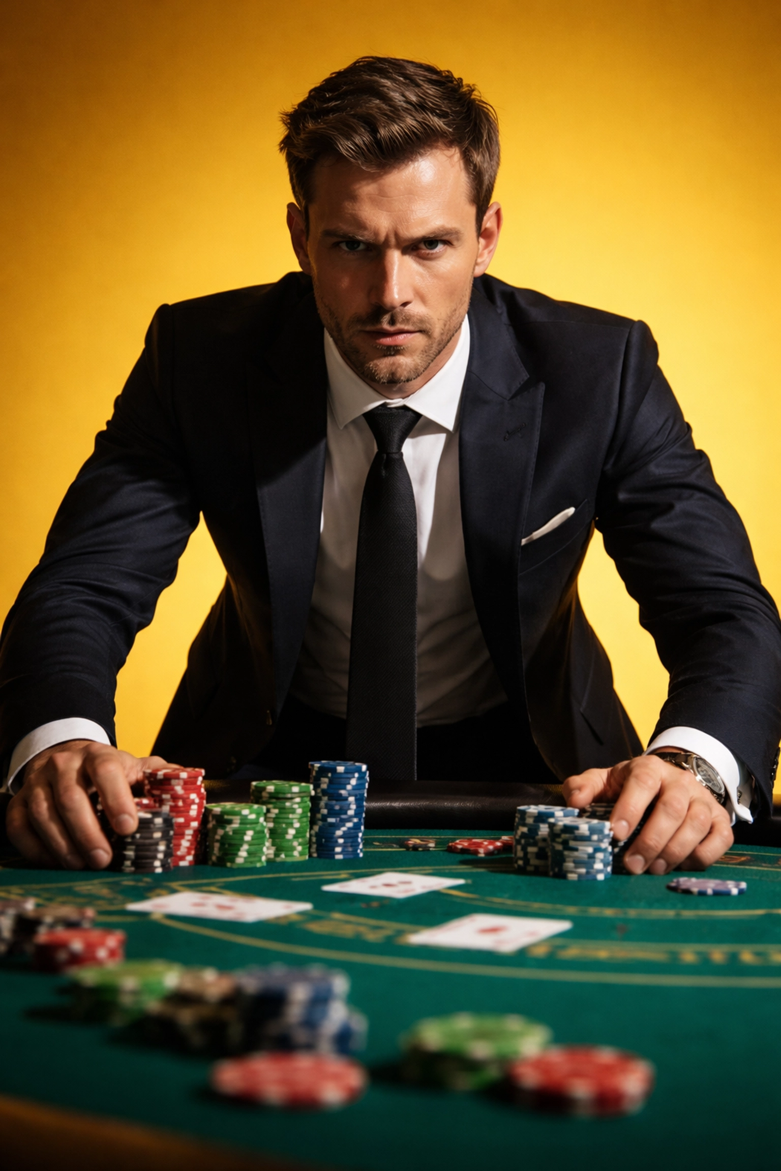 Confident entrepreneur betting at a blackjack table symbolizes bold podcast production strategy.