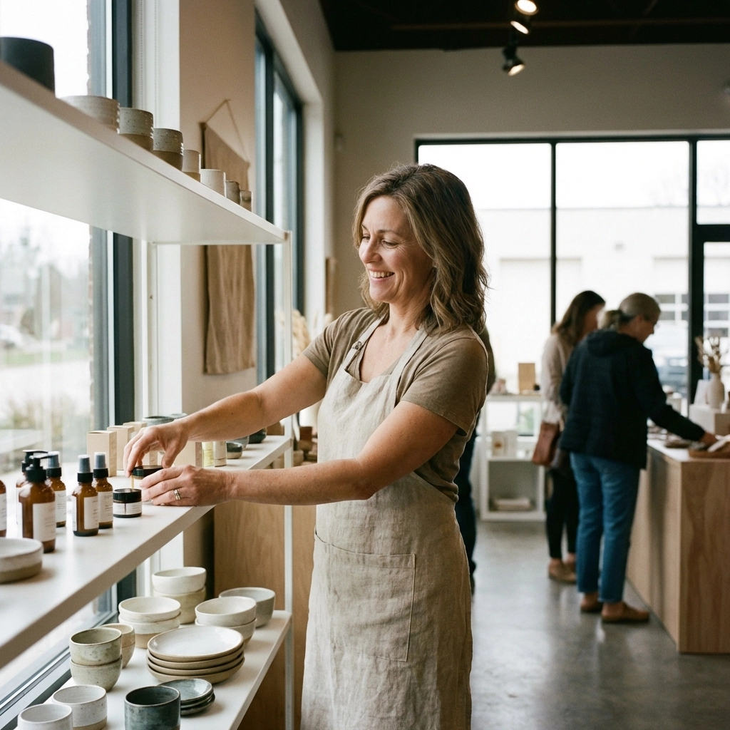 Small business owner arranging products in a modern North East shop, reflecting authentic local commerce