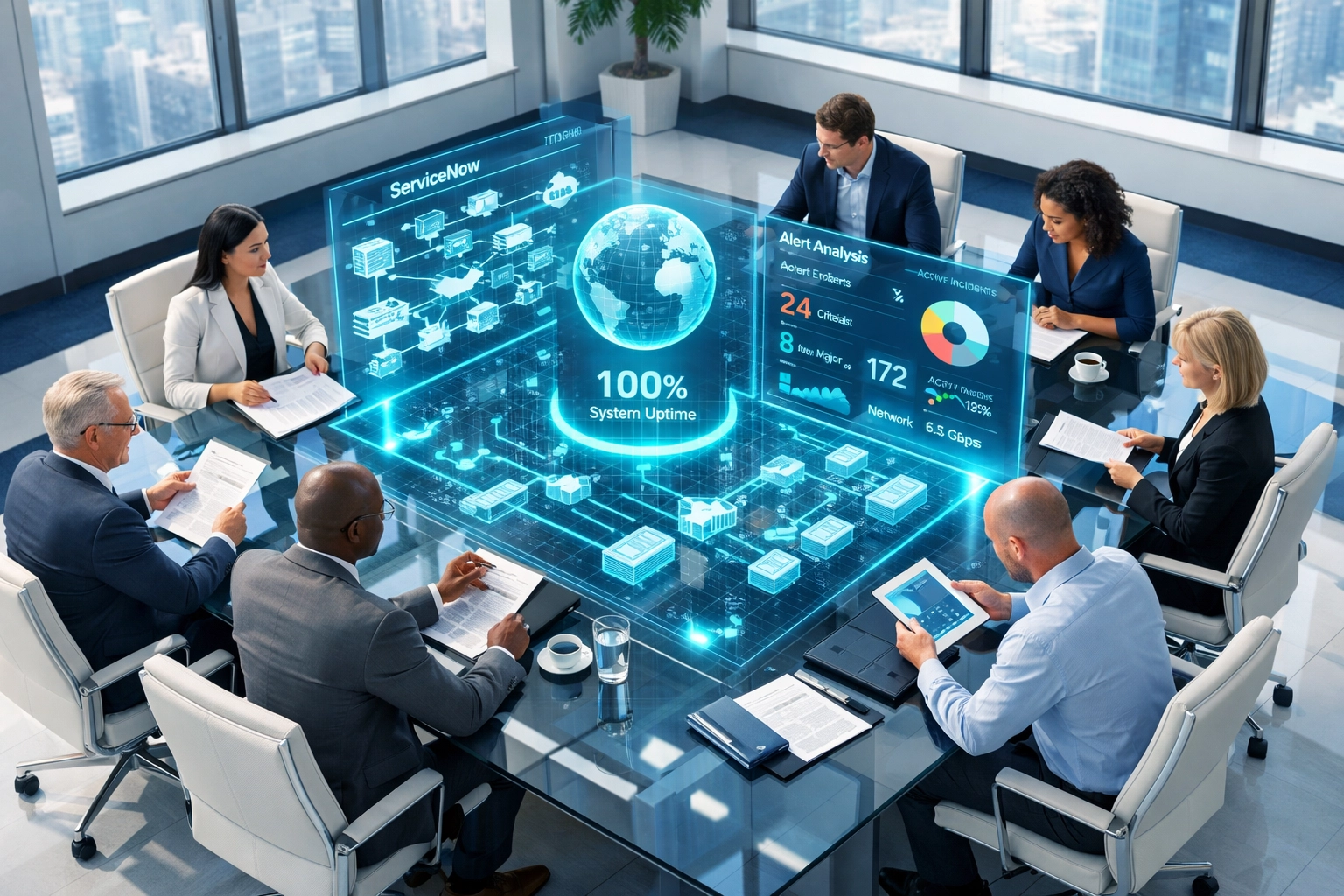 Executives reviewing ServiceNow ITOM infrastructure dashboard during implementation partner evaluation