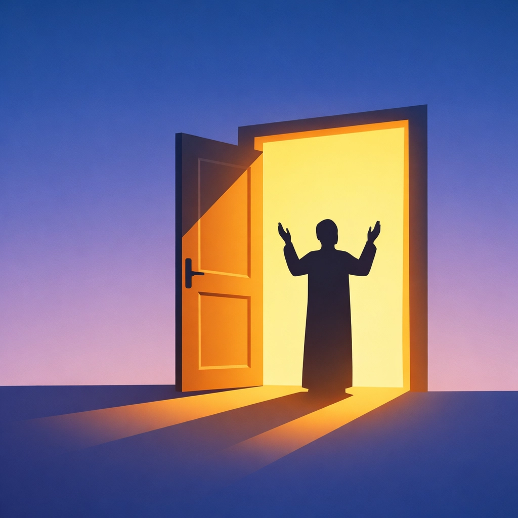 Person praying at open doorway with golden light representing access to God through Jesus' name