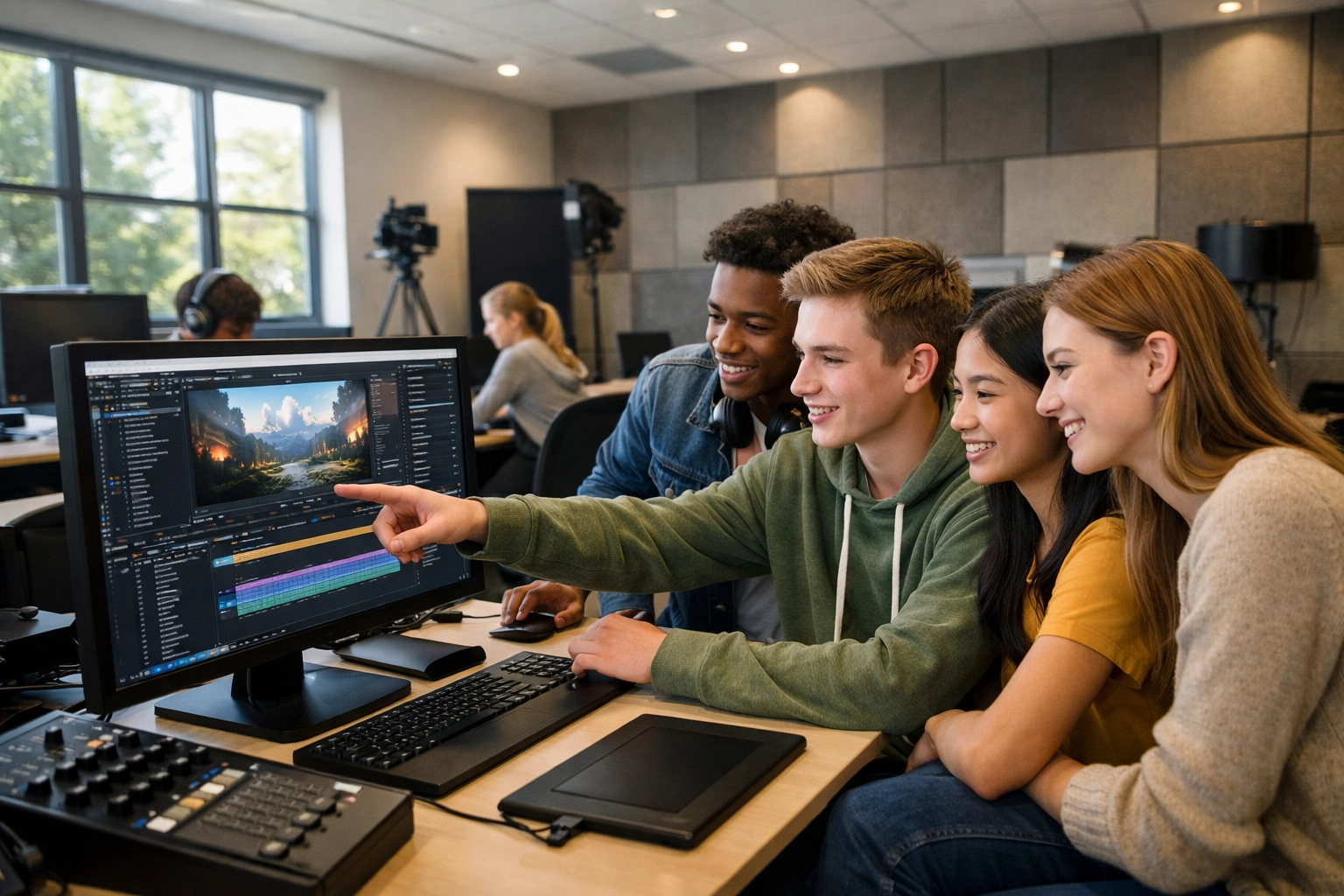 High school students collaborating on digital projects in a modern media lab for educational innovation.