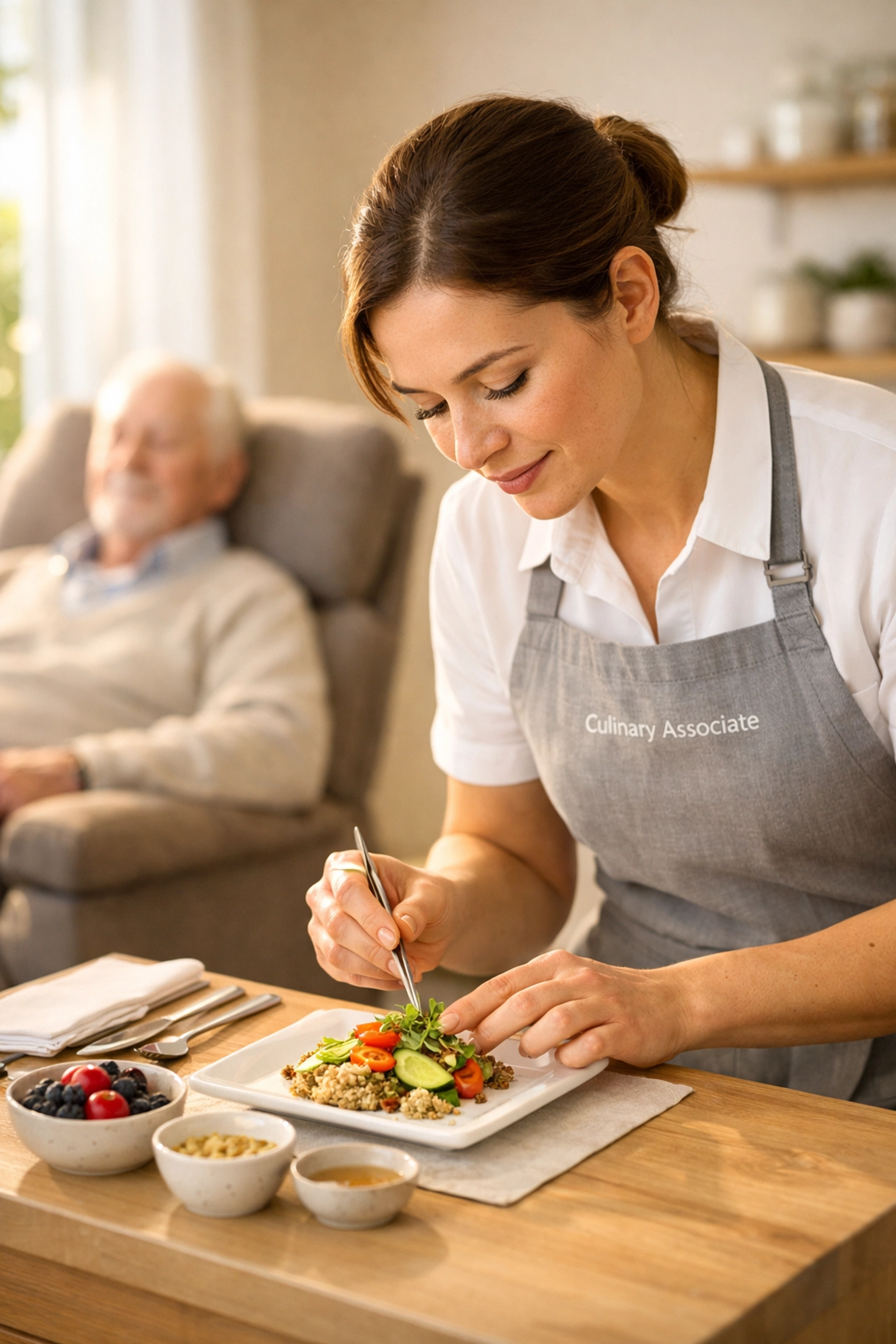 Professional Culinary Associate preparing a nutritious meal in-home to support a senior's recovery transition in Chicago.