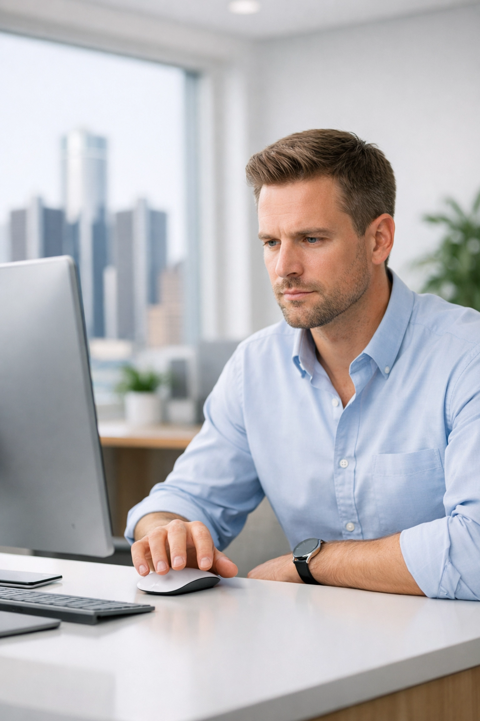 A focused employee practicing cybersecurity awareness by carefully inspecting a suspicious email.