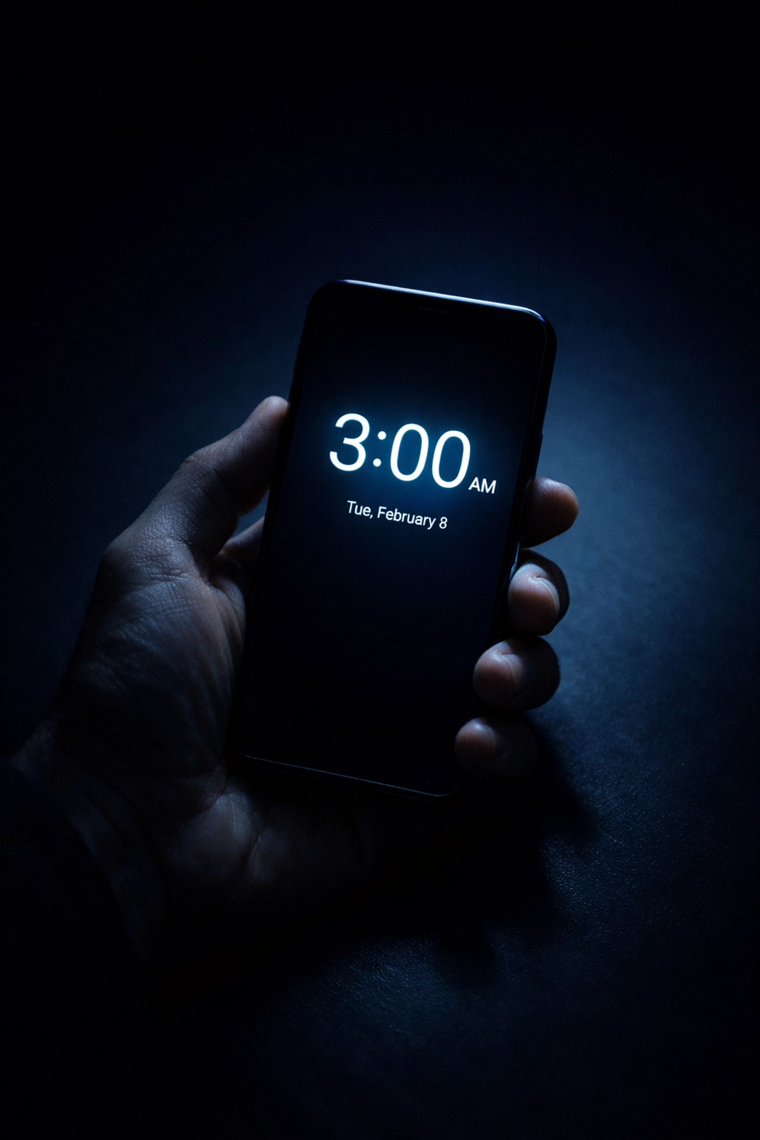 Person holding illuminated phone at 3 AM during crisis call moment