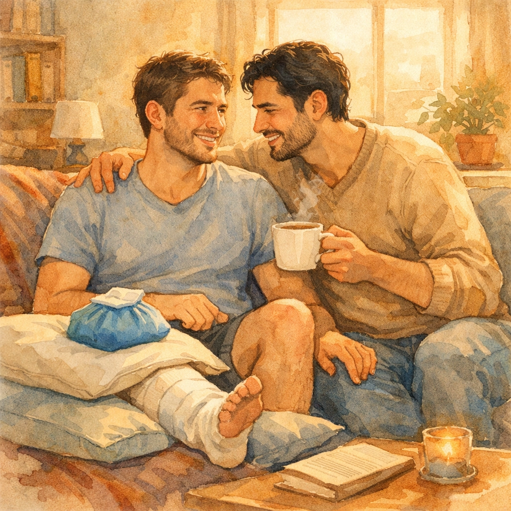 Two men sharing intimate moment during injury recovery in MM romance slow burn