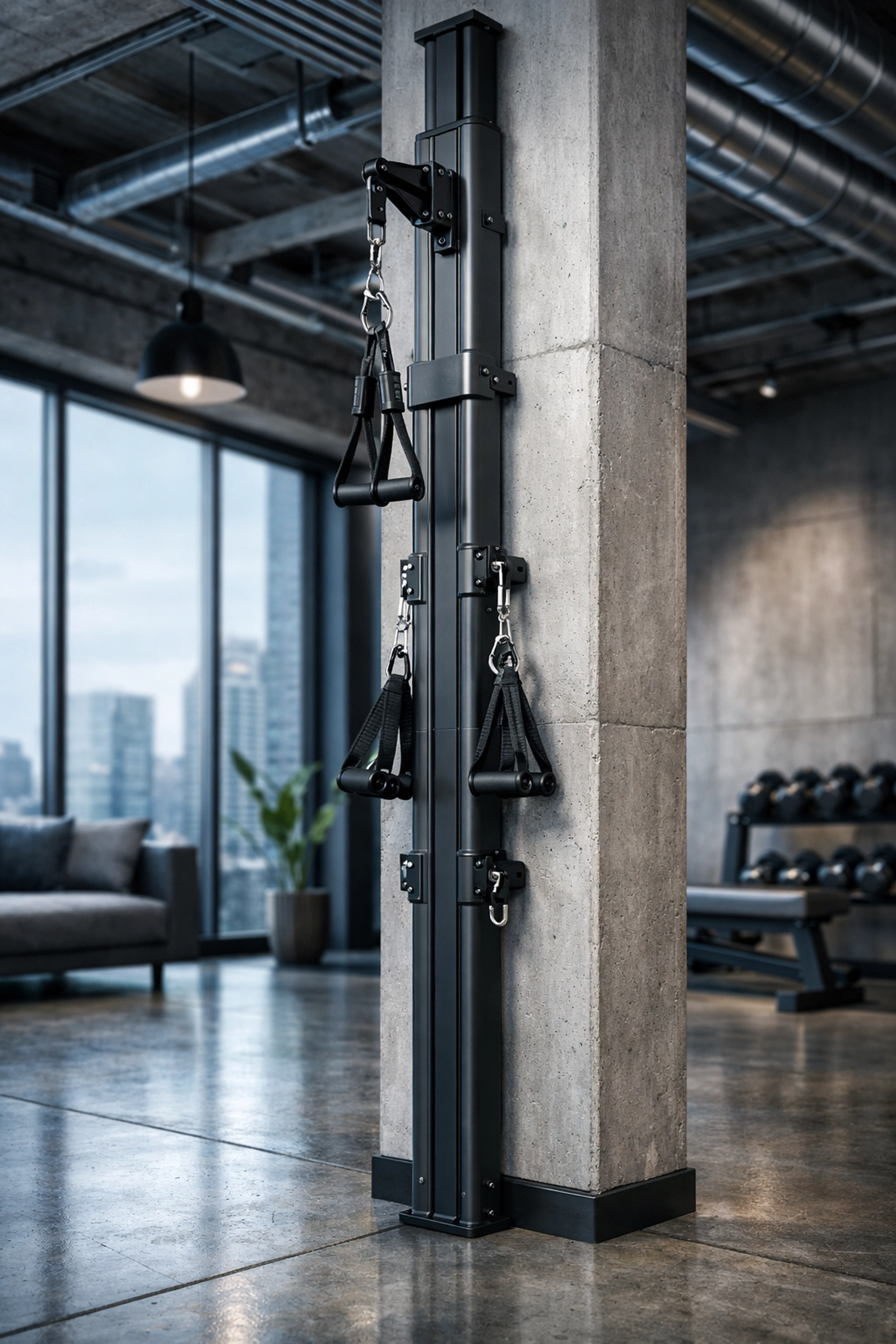 Sleek floor to ceiling gym rail with resistance bands for a crossfit home gym setup.
