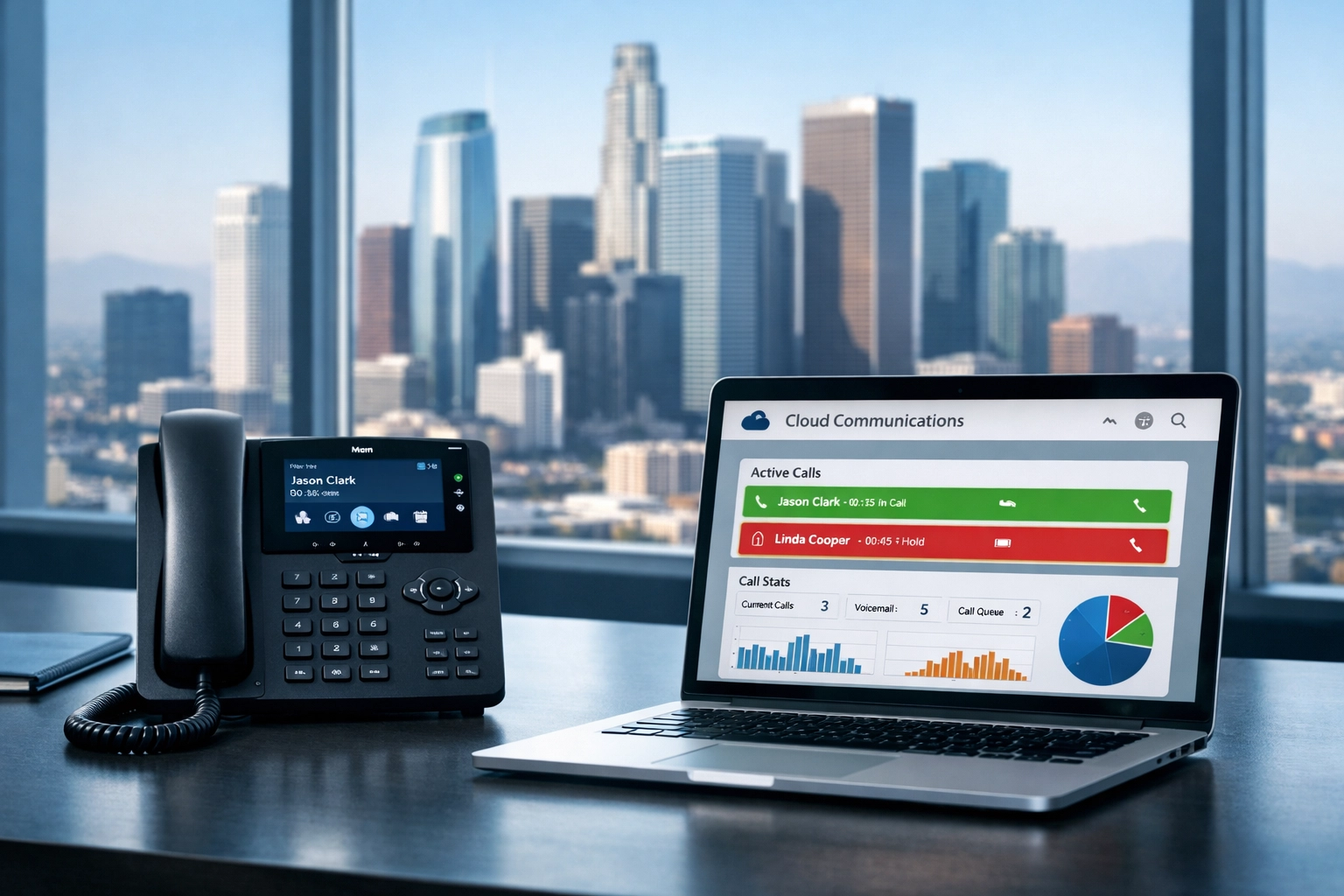 Los Angeles office with cloud business phone system dashboard showing real-time analytics