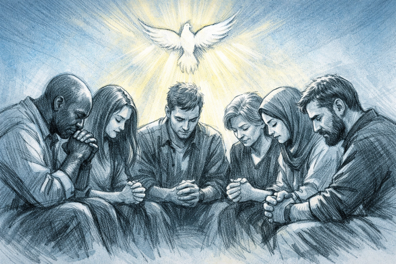 Diverse believers praying together seeking Holy Spirit guidance for spiritual gifts