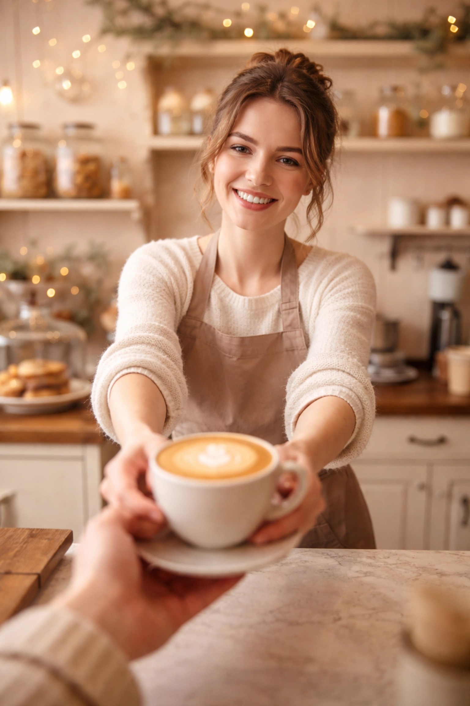 A friendly Felixstowe barista serves a latte with a smile at a cozy, inviting family-owned coffee shop counter.