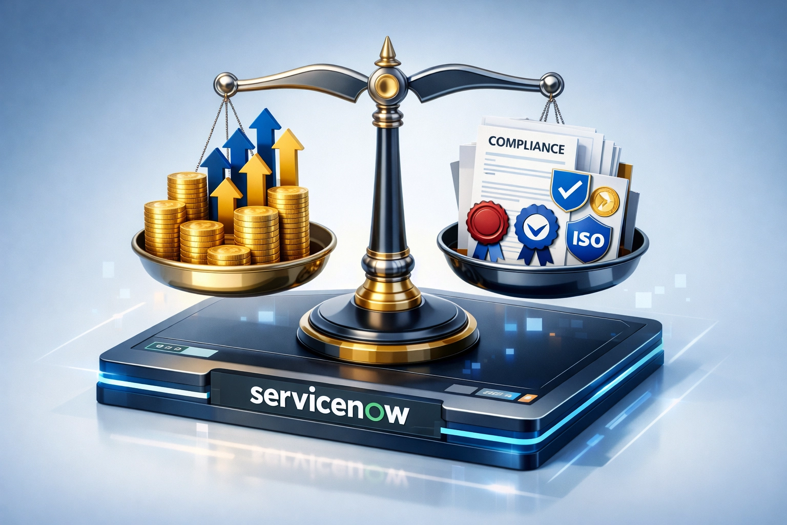 Balance scale weighing ServiceNow ITOM ROI against EU compliance requirements