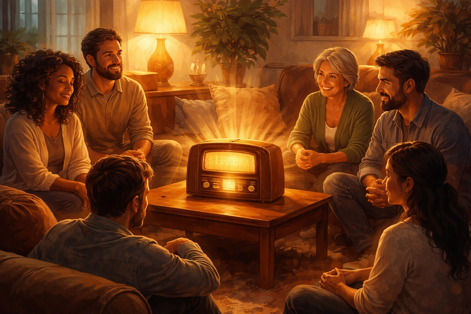 A diverse group enjoys faith and connection while gathered in a cozy living room listening to an inspiring podcast.