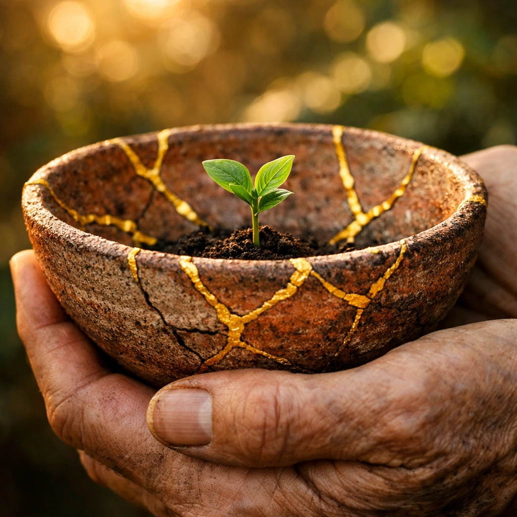 Compassionate hands holding a kintsugi bowl, representing the healing of core wounds and growth.