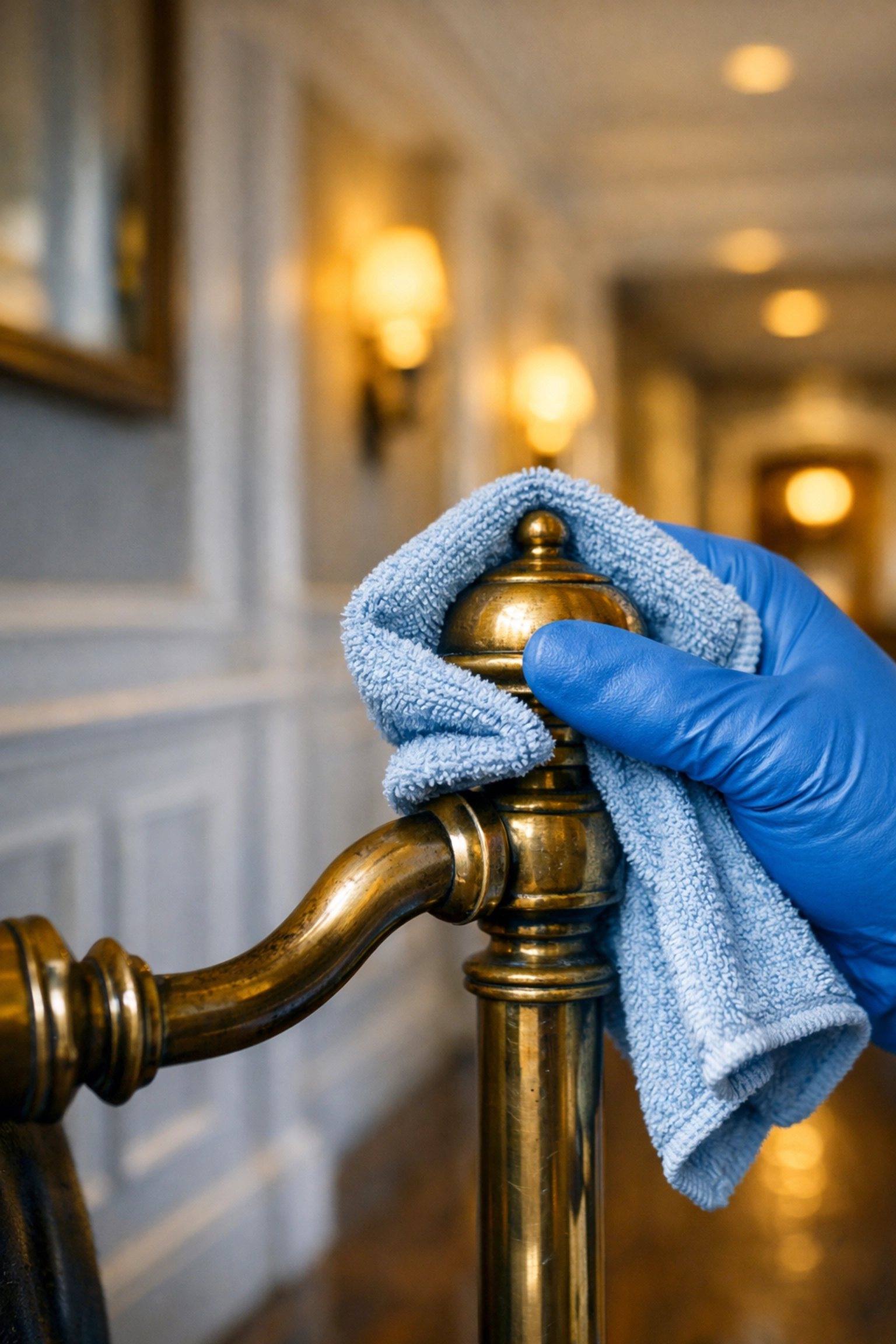 Professional cleaners in Petersham MA polishing high-end brass fixtures during a weekly residential cleaning.
