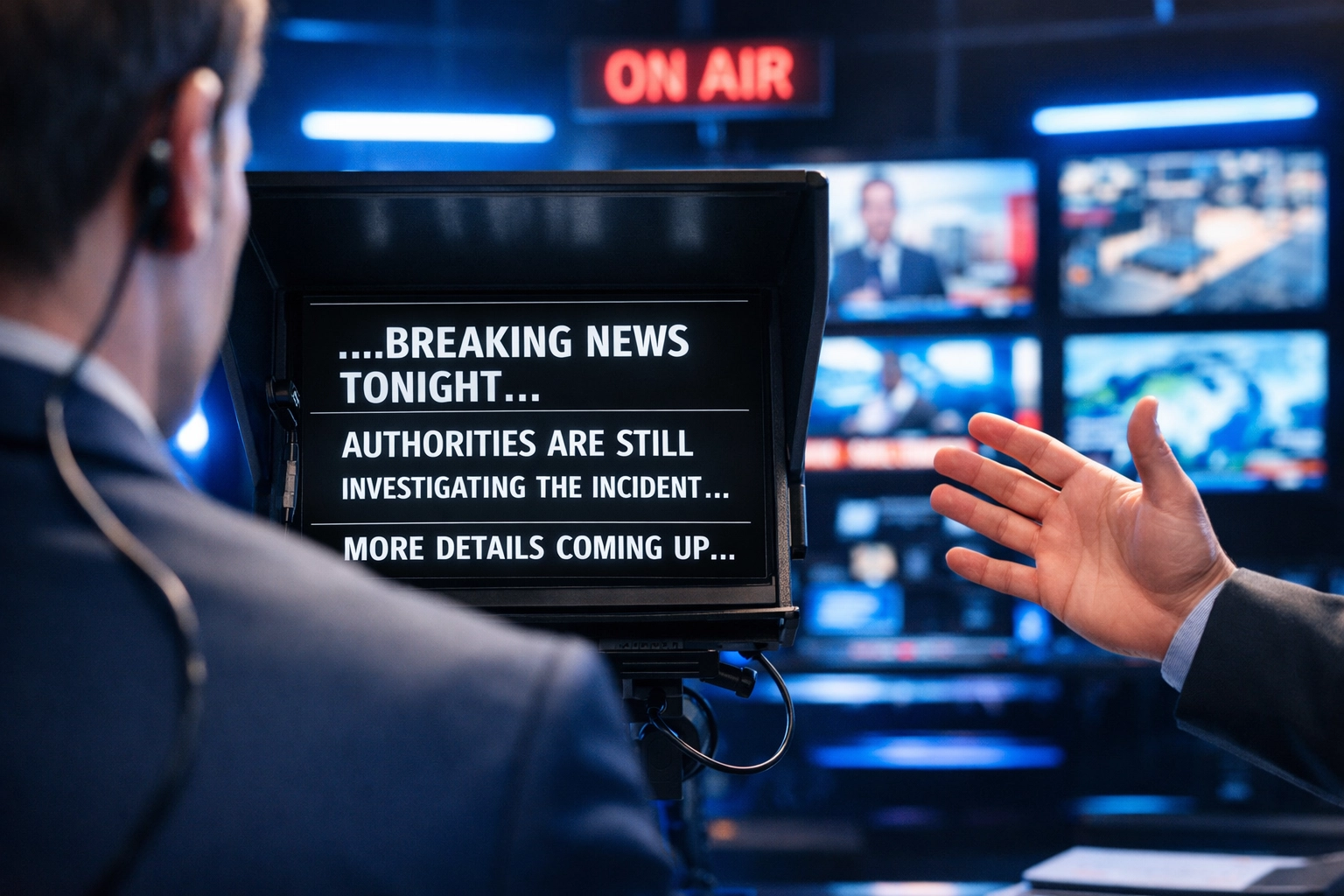 News anchor's view during live broadcast with teleprompter and multiple news feeds