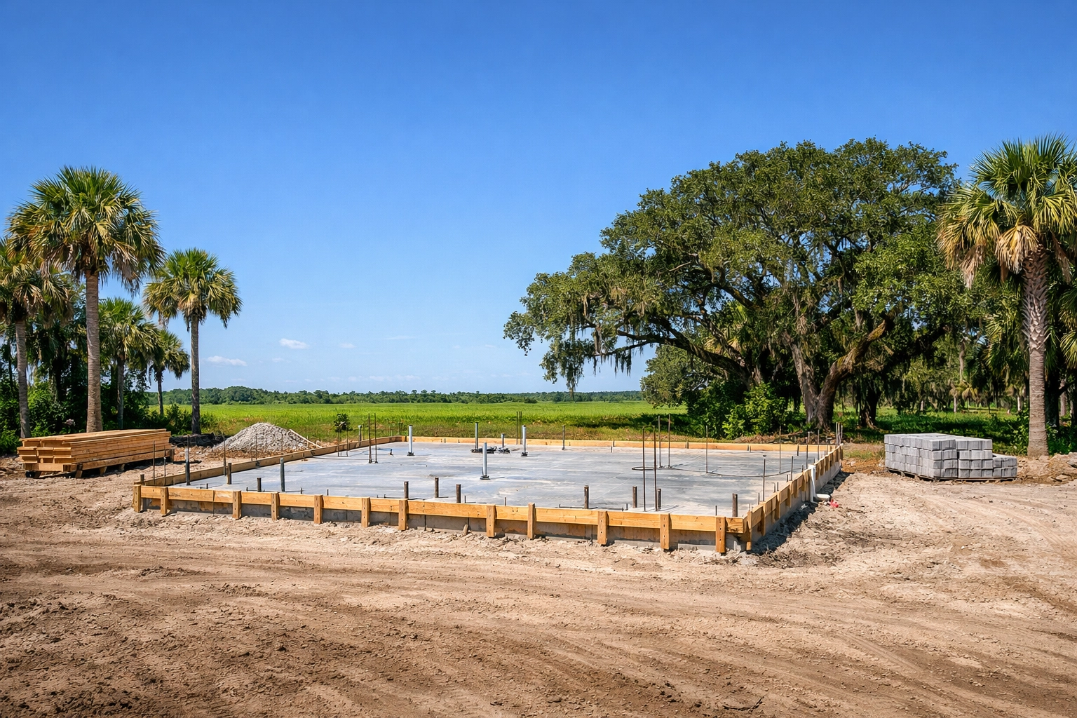 Custom home construction site in Okeechobee showing foundation framing and local Florida palms.