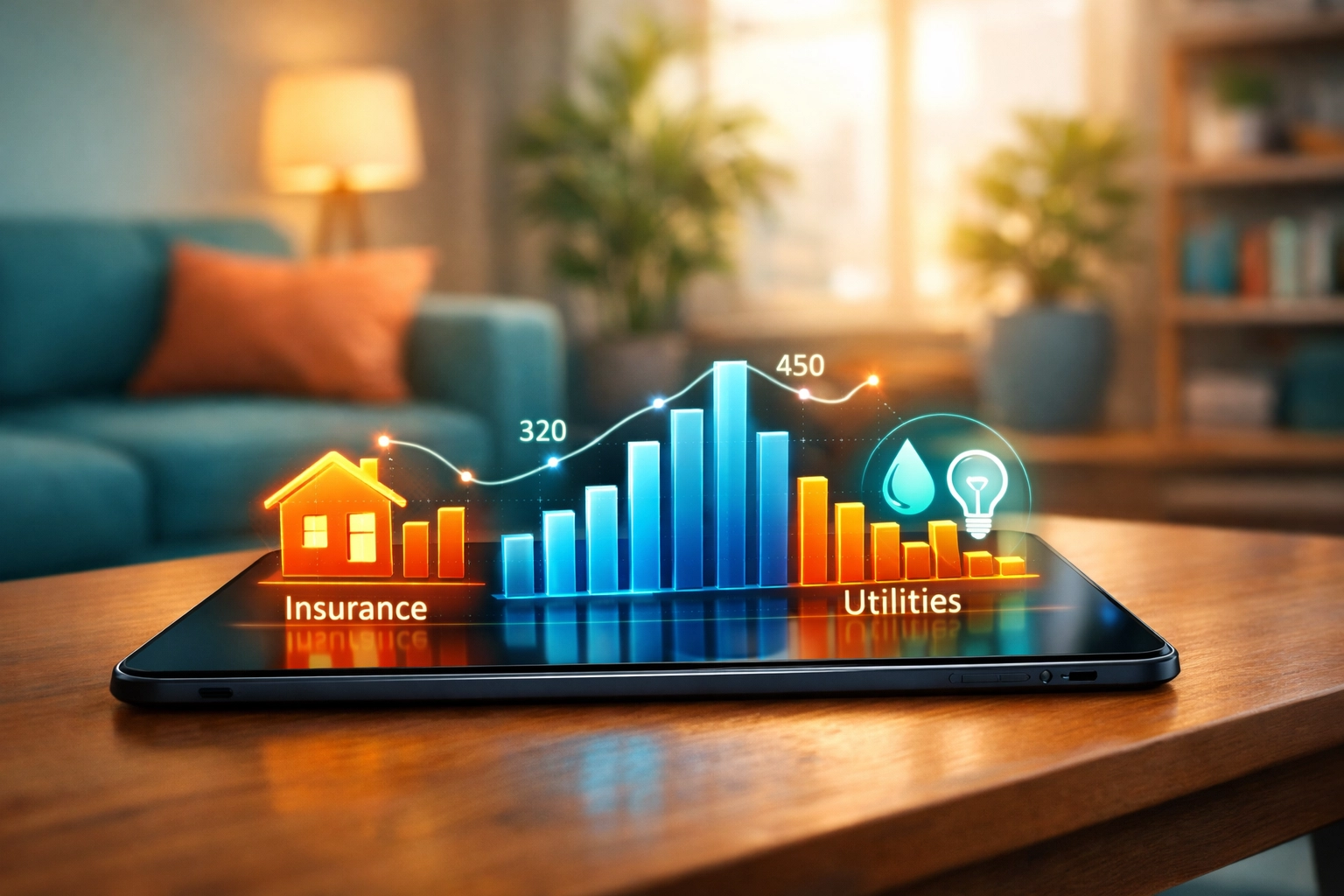 Digital tablet showing financial charts for managing rising housing and insurance costs in 2026.