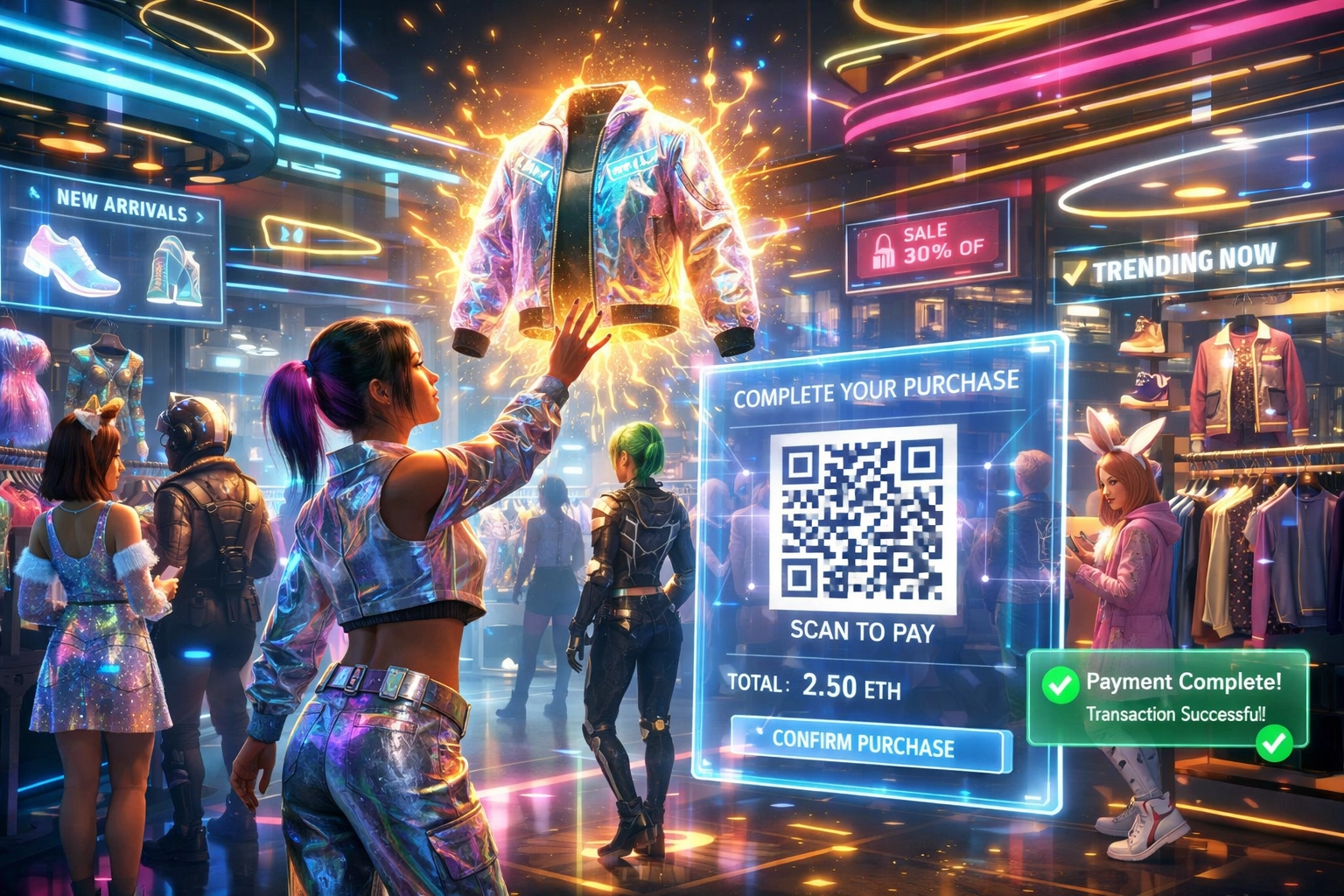 Metaverse fashion boutique with avatars browsing virtual clothing and crypto payment interface