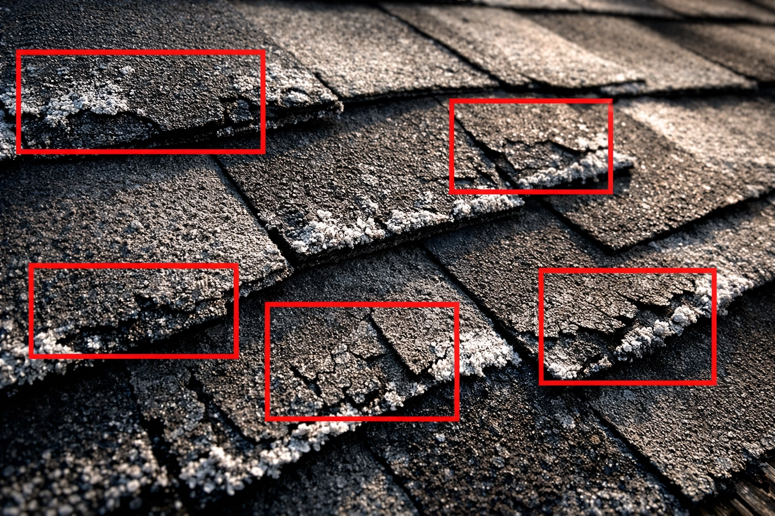 Weathered asphalt shingles showing granule loss and salt damage common in Delmarva coastal climate