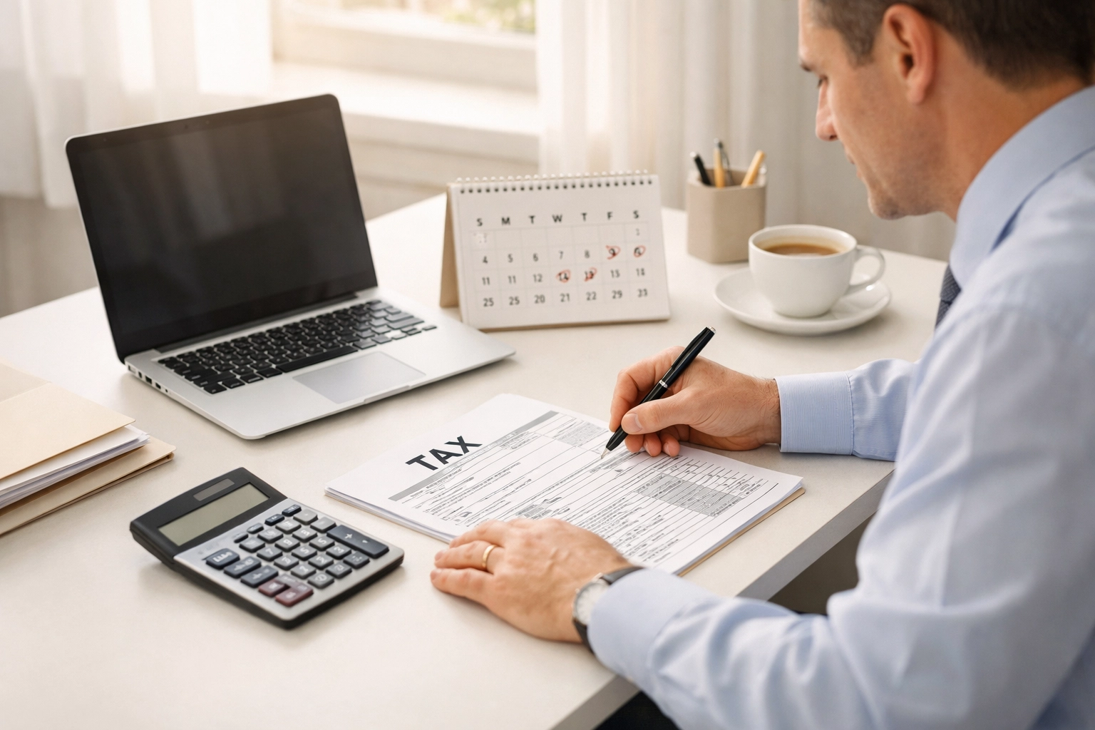 Tax professional working at organized desk maintaining year-round client communication