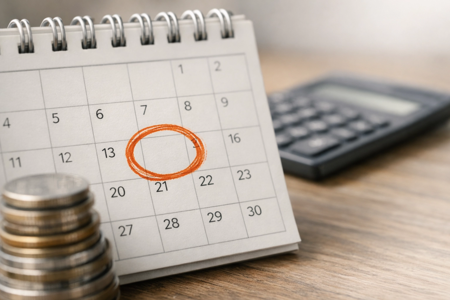 Desk calendar and stack of coins highlighting the April 15 tax payment deadline.