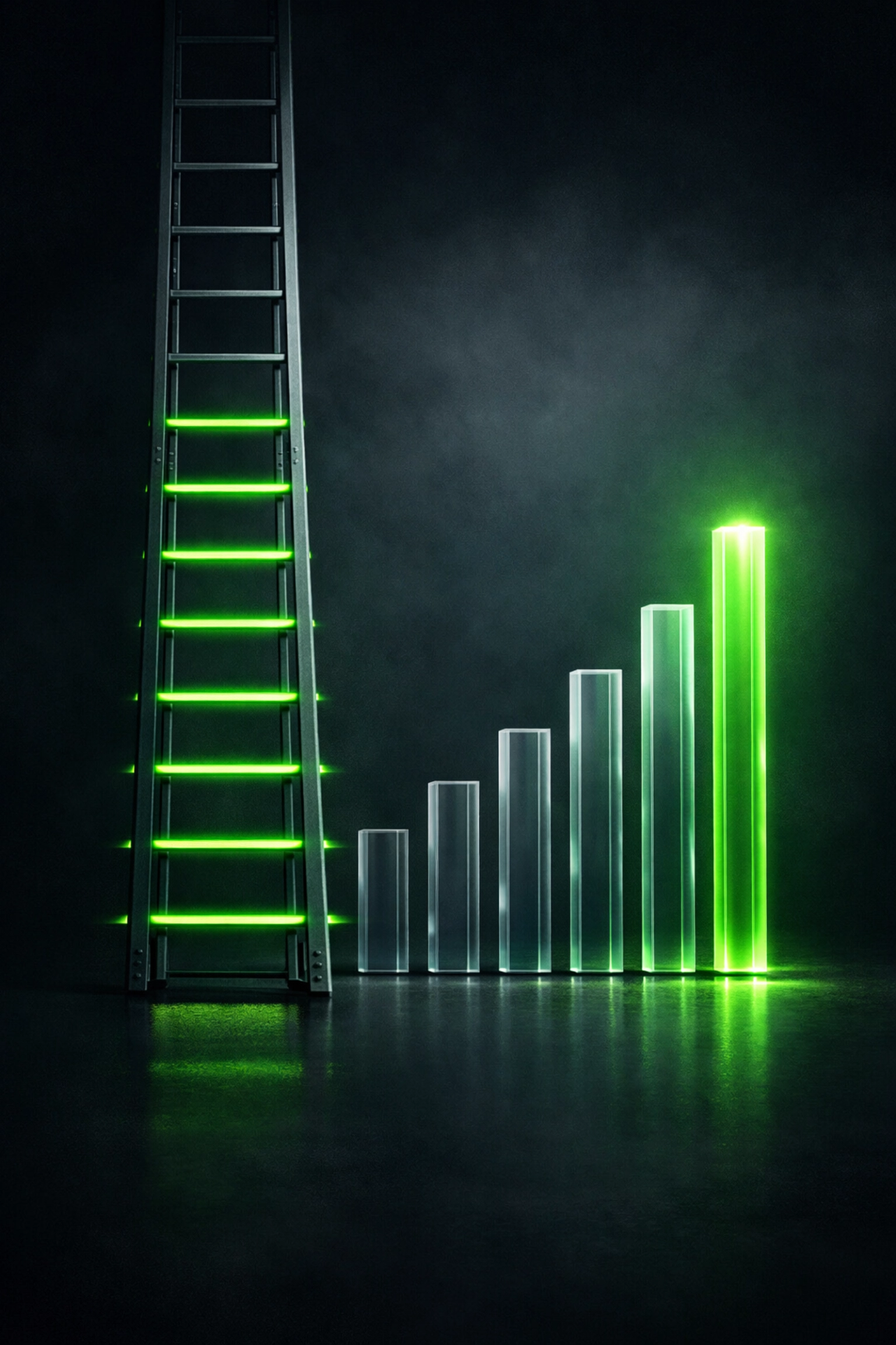 Ascending ladder and growth bars illustrating business scaling and professional SEO development.