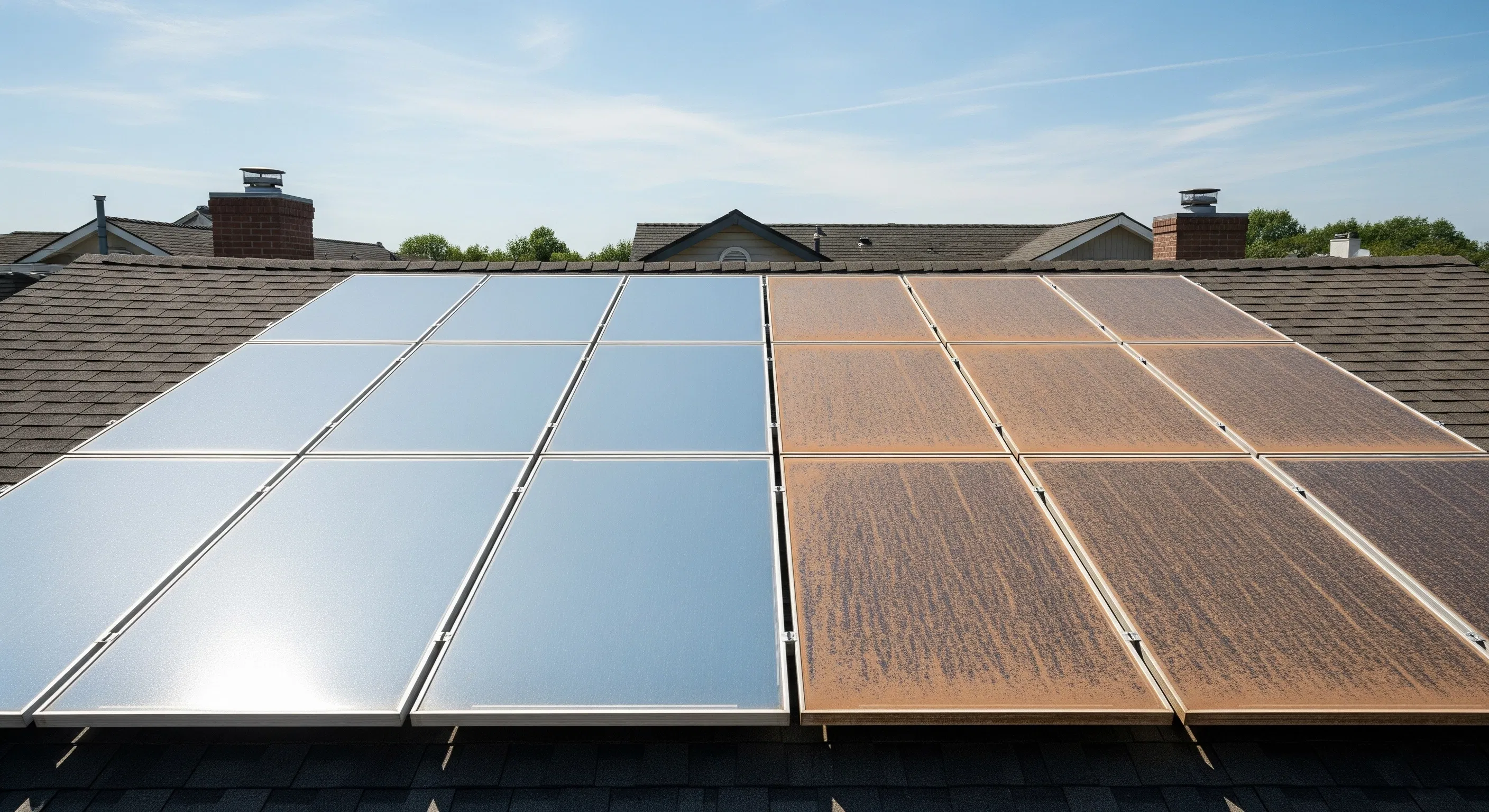 Solar panel cleaning comparison: professionally cleaned vs. soiled panels side by side