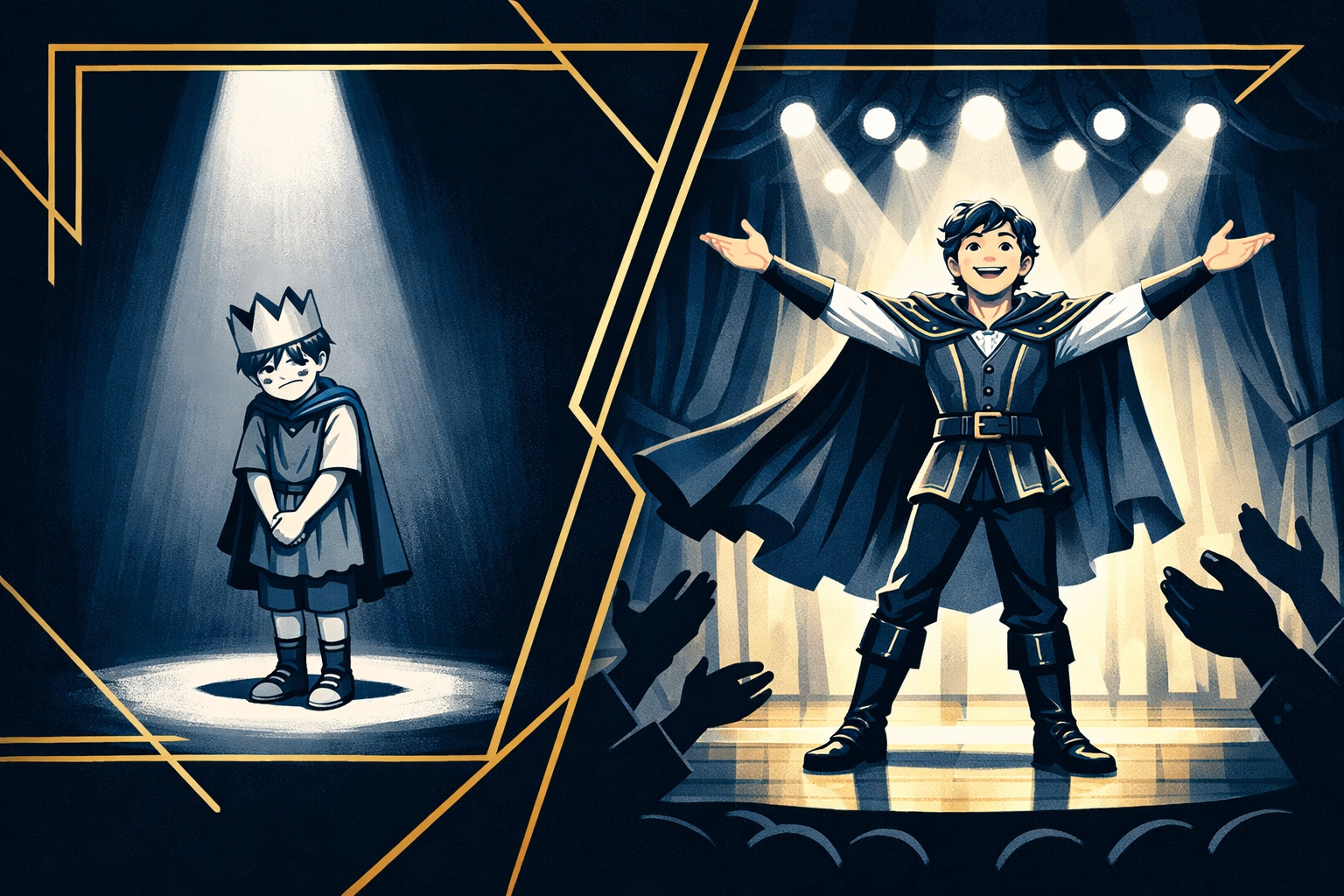 Illustration of a child's confidence growth from elementary school to high school in kids theatre programs.