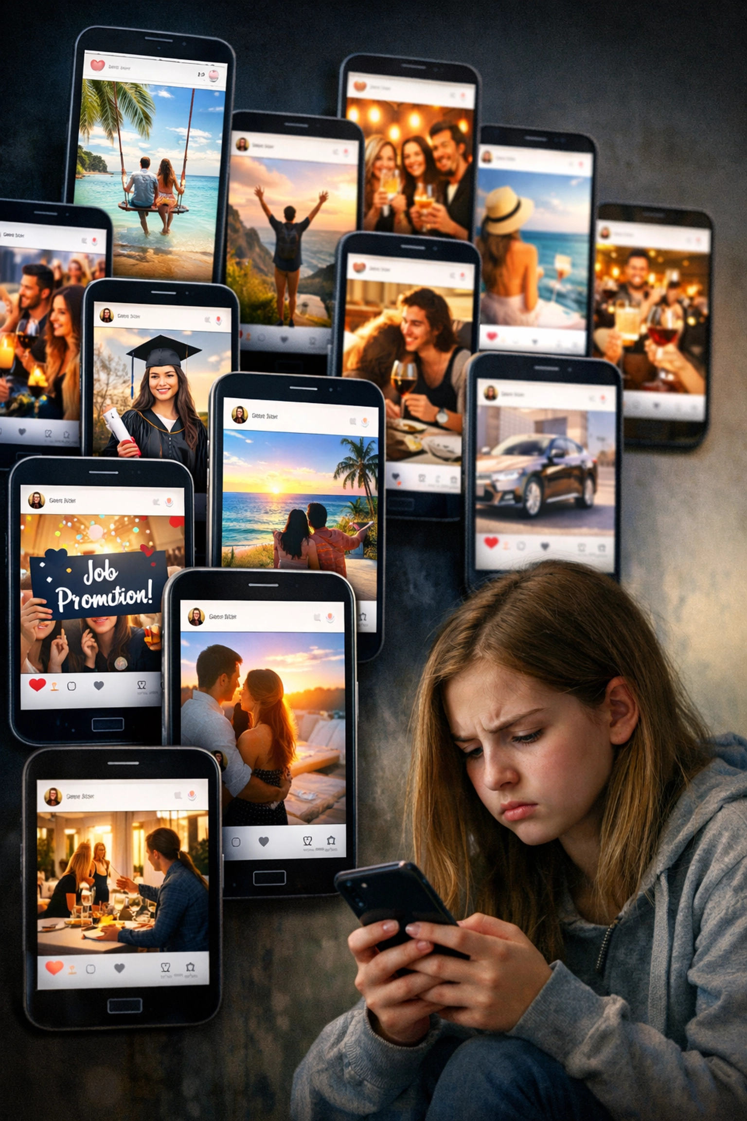 Teen viewing multiple social media feeds illustrating social comparison and anxiety