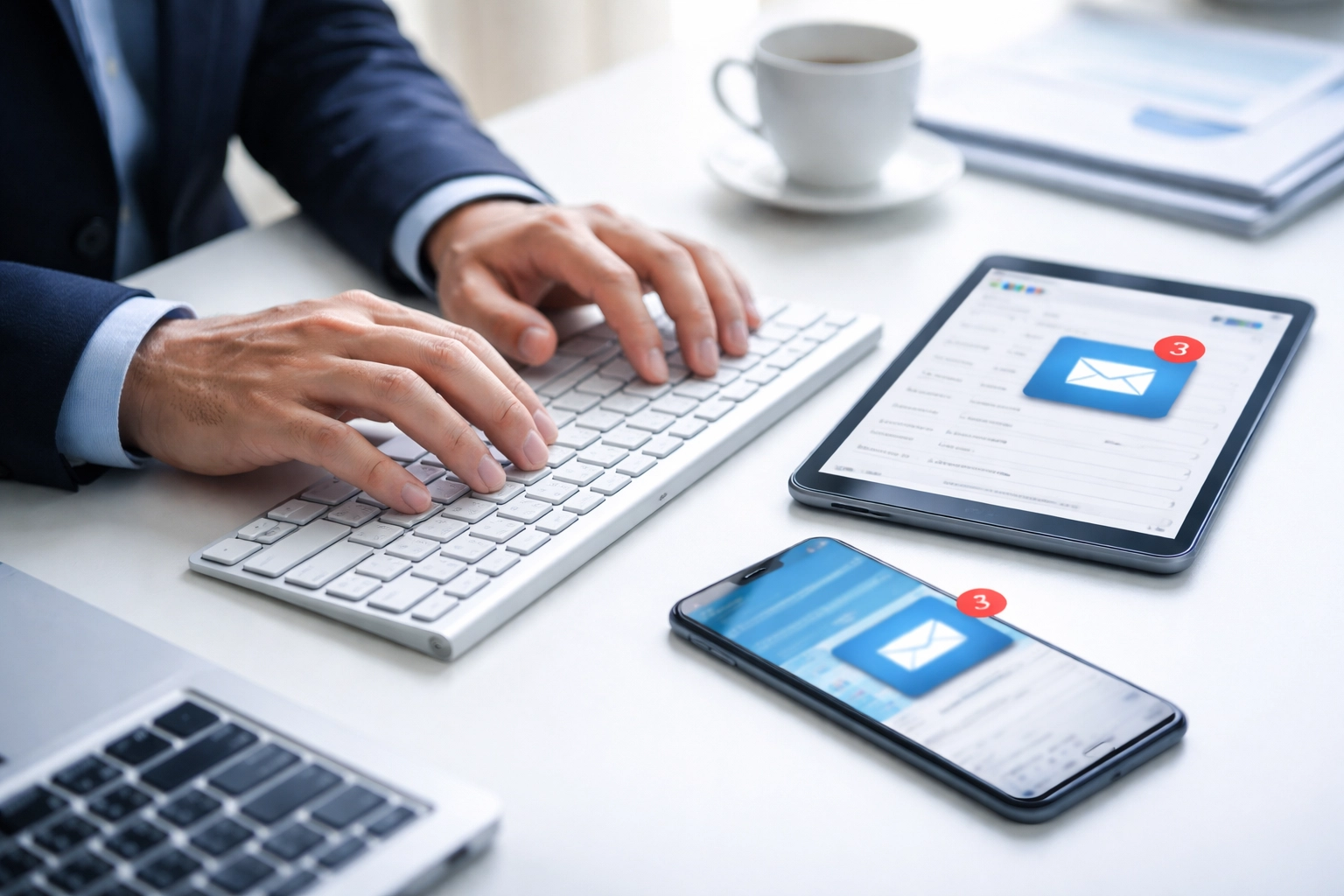 Business person managing emails and workflow efficiently on keyboard, smartphone, and tablet in a professional setting.