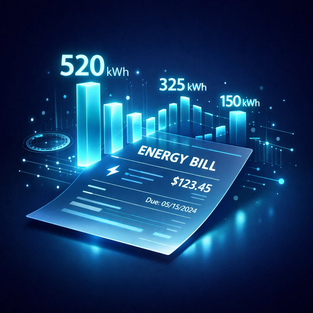 Digital energy bill showing kWh consumption data for calculating solar panel system size