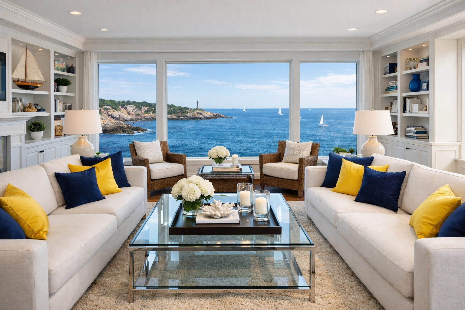 Luxury Marblehead living room with ocean views and spotless surfaces after a ninja-level deep cleaning.