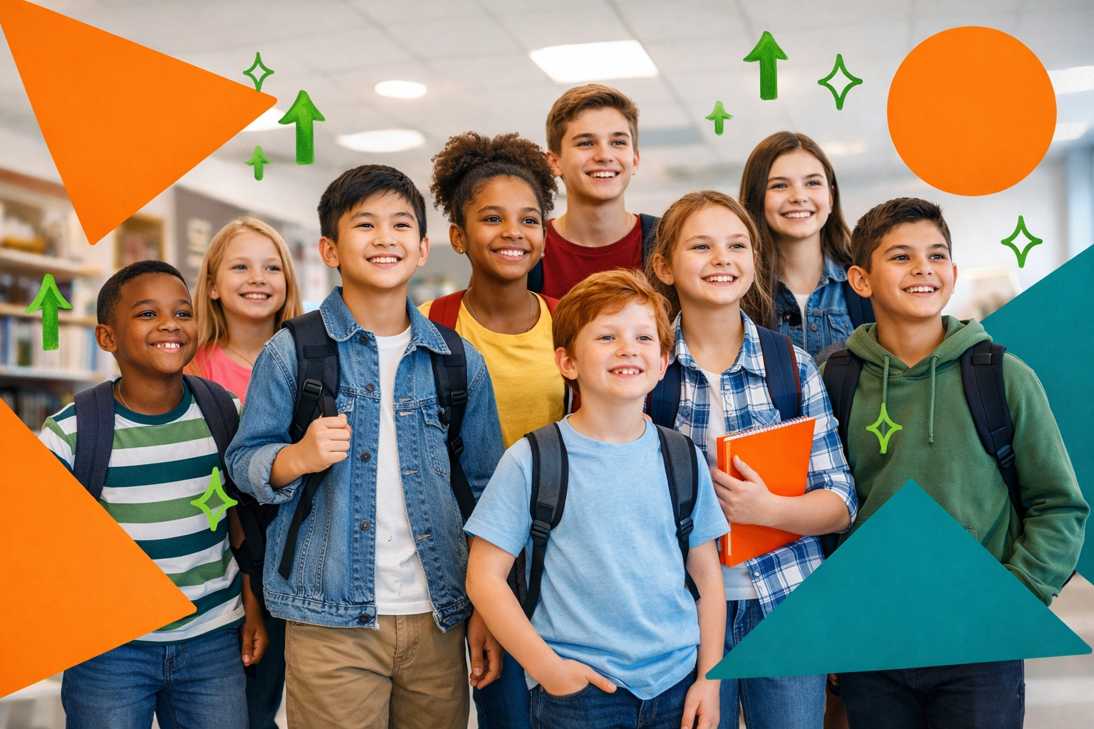 Diverse group of children and teenagers training to become future leaders in a modern learning space.