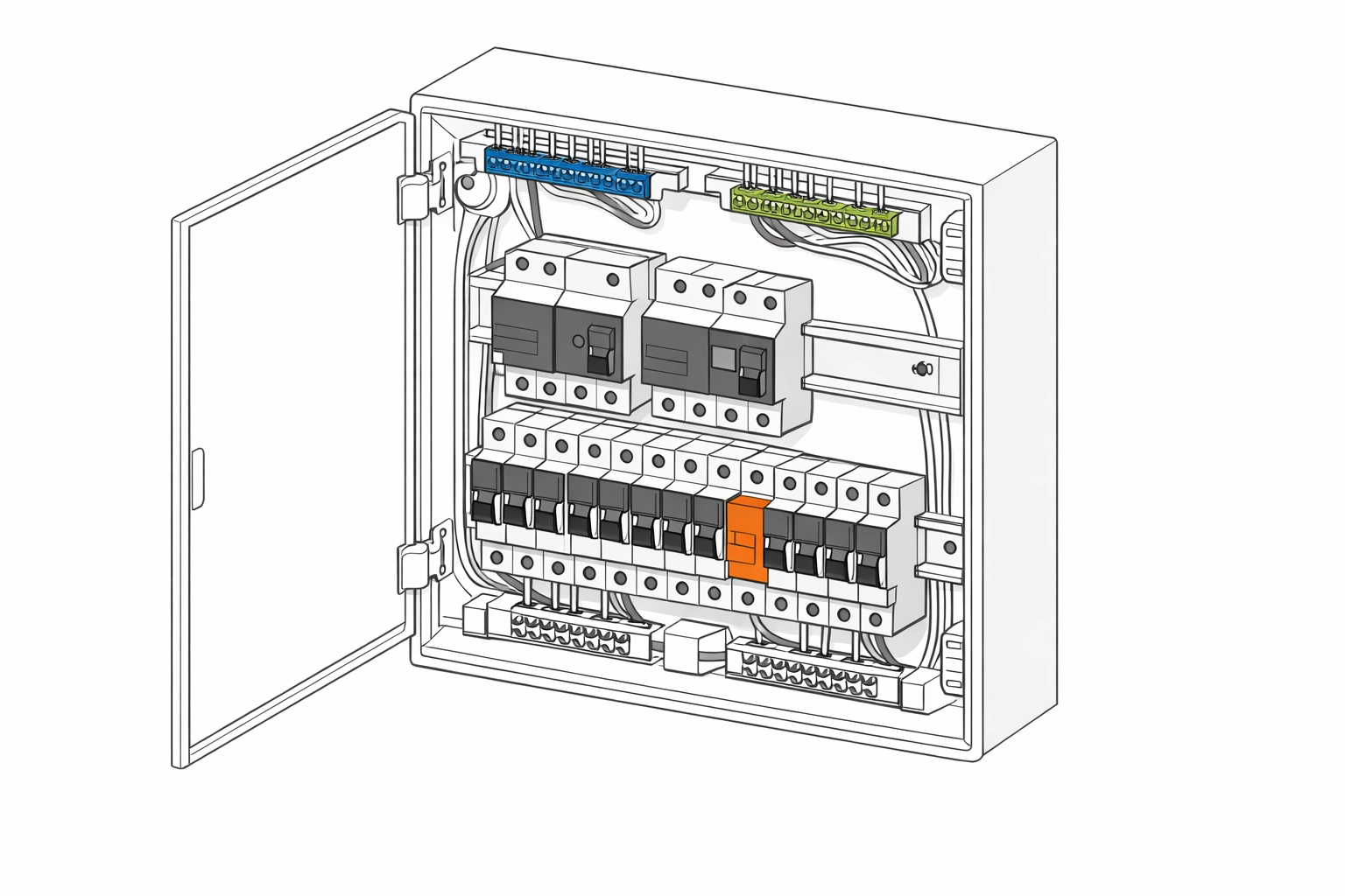 Technischer Elektro-Verteilerkasten mit FI-Schutzschalter für sichere Elektroinstallationen in NÖ.