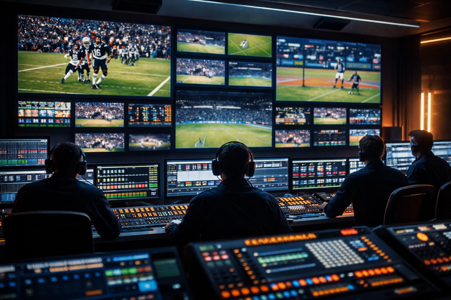 Broadcast control room with multiple screens showing live sports events, highlighting multi-platform sports advertising networks