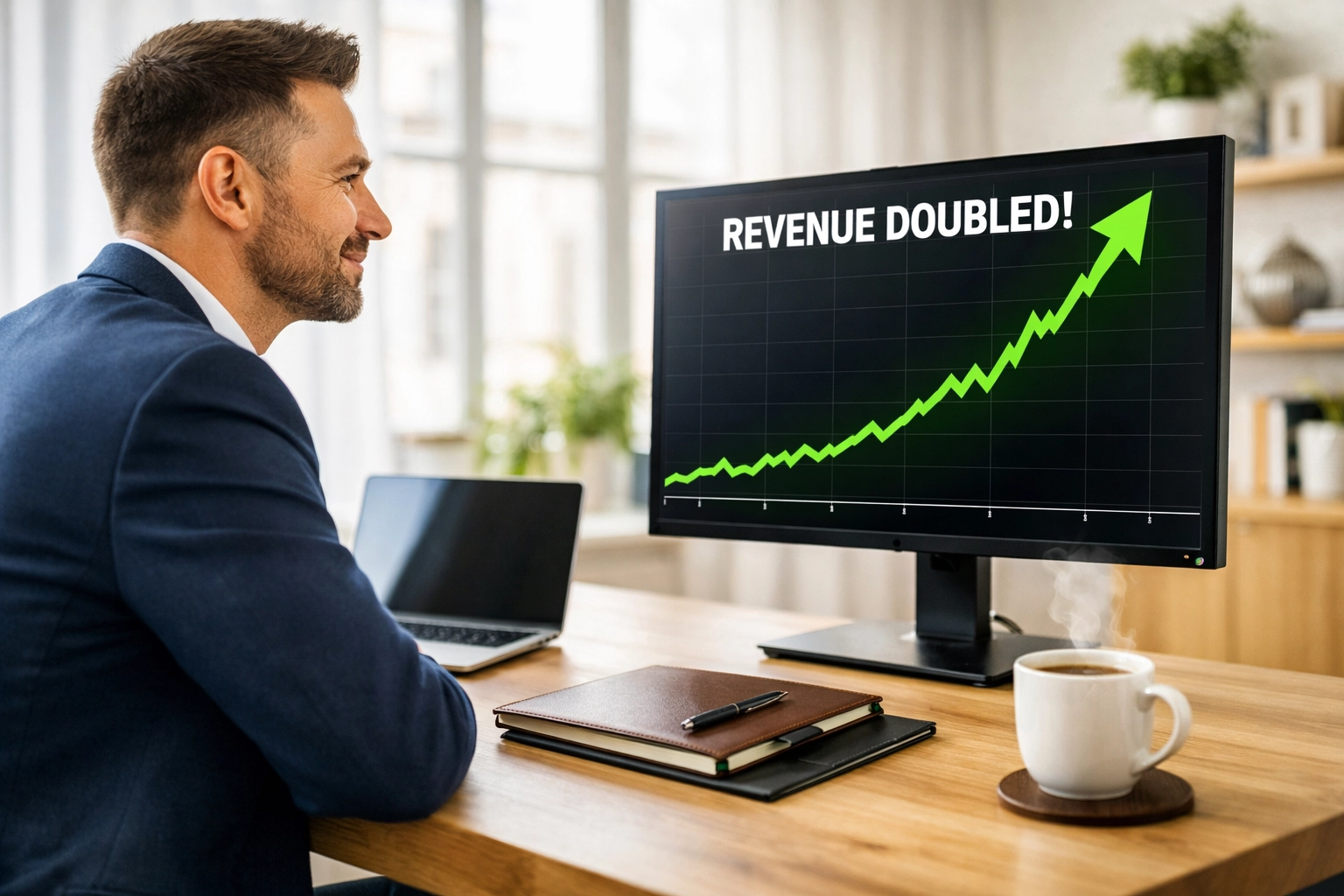 Entrepreneur viewing a revenue growth chart on a computer, demonstrating the impact of 2026 small business SEO.