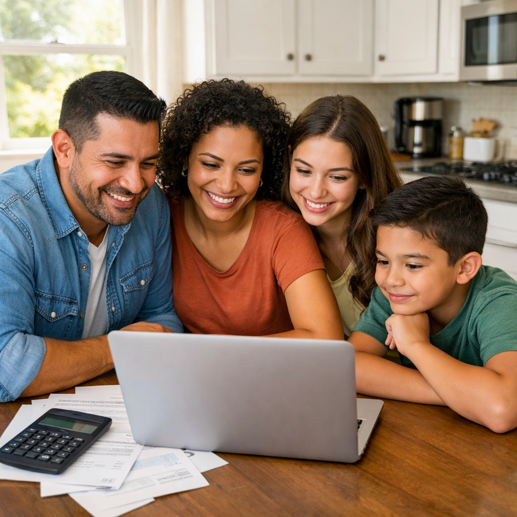 Texas family reviewing credit score and financial documents together at kitchen table