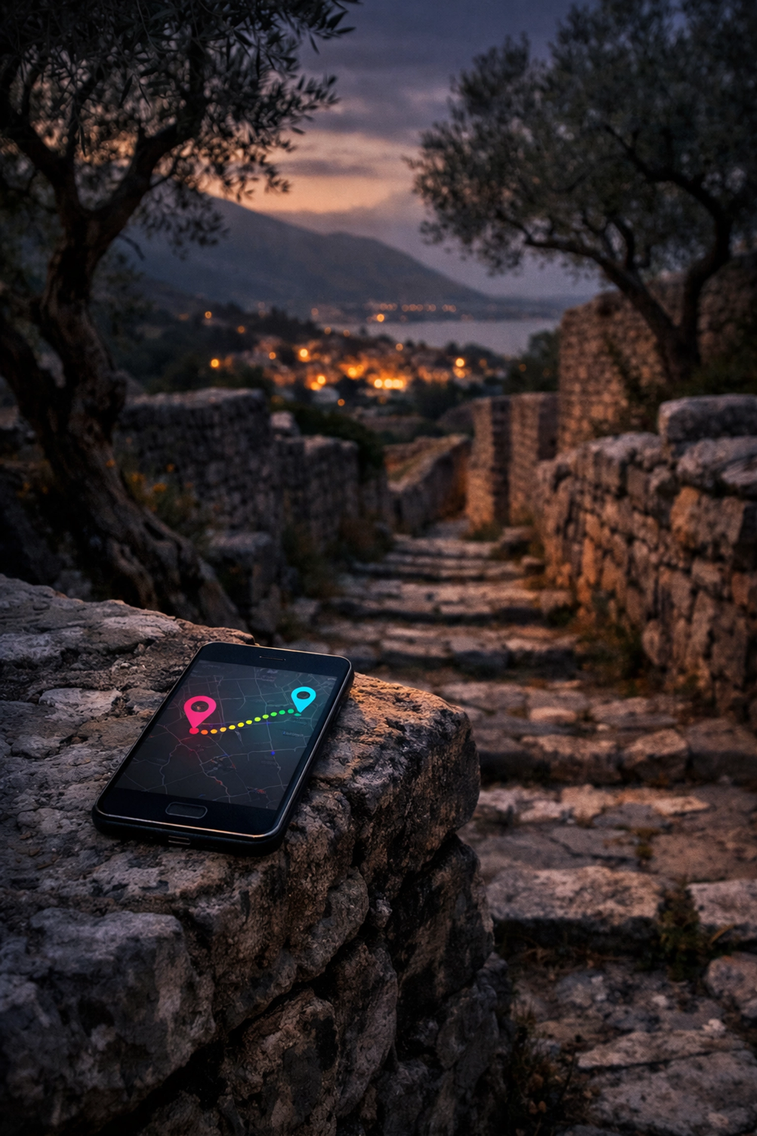 Ancient Balkan stone pathway with smartphone mapping Greek-Albanian cross-border connection