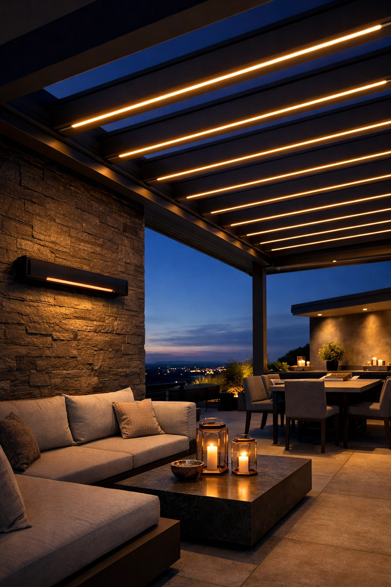 Beleuchtetes Lamellendach in Wien mit integrierten LED-Spots und Heizstrahler für gemütliche Abende.
