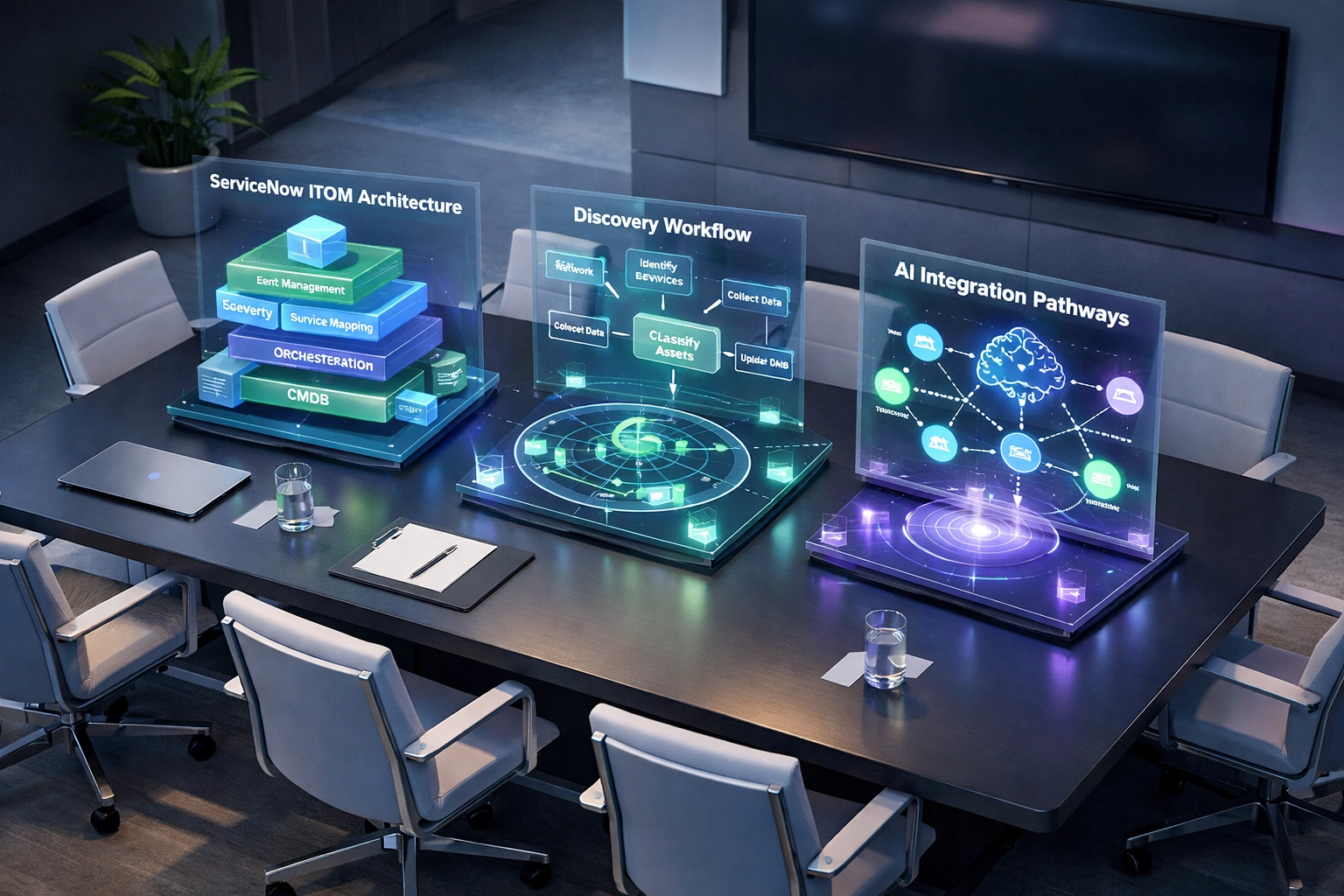 ServiceNow ITOM training session with implementation partner demonstrating discovery workflows and architecture