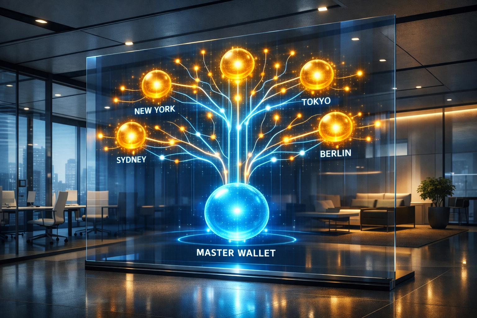 Enterprise master wallet architecture with sub-wallets managing humanitarian crypto transactions across locations